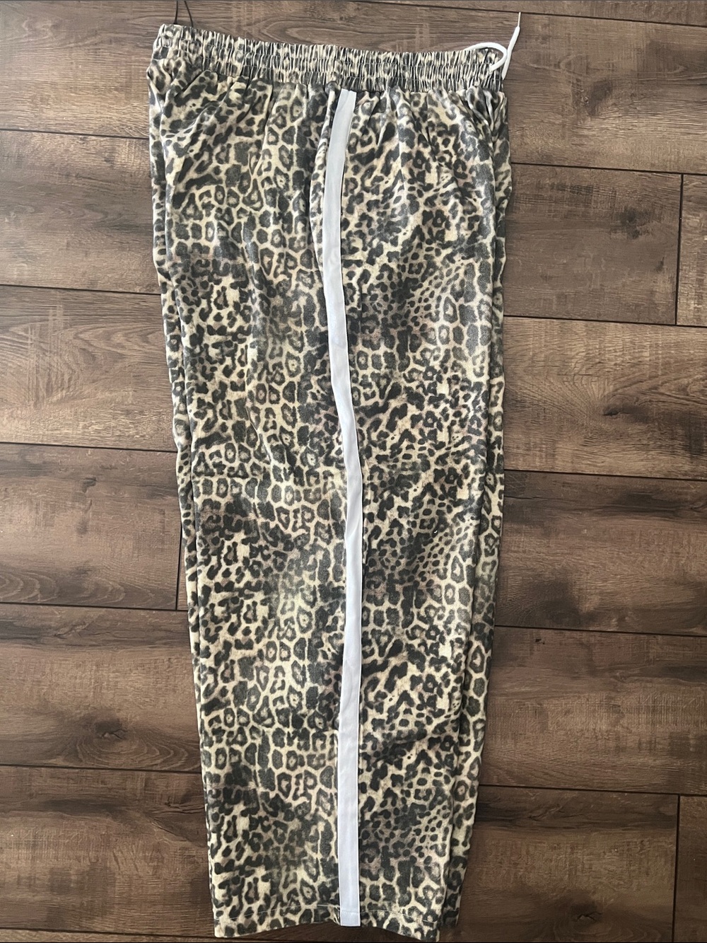 Beige and Black Leopard Print Joggers with White Side Stripe and Pockets - Picture 3 of 4